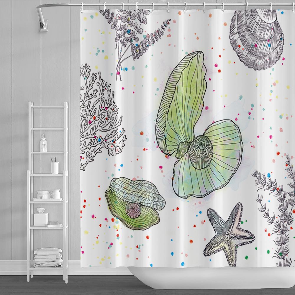 Nautical Coastal Shower Curtain Starfish Coral Seashell Beach Ocean Bathroom Curtain Underwater Marine Waterproof Bath Curtain
