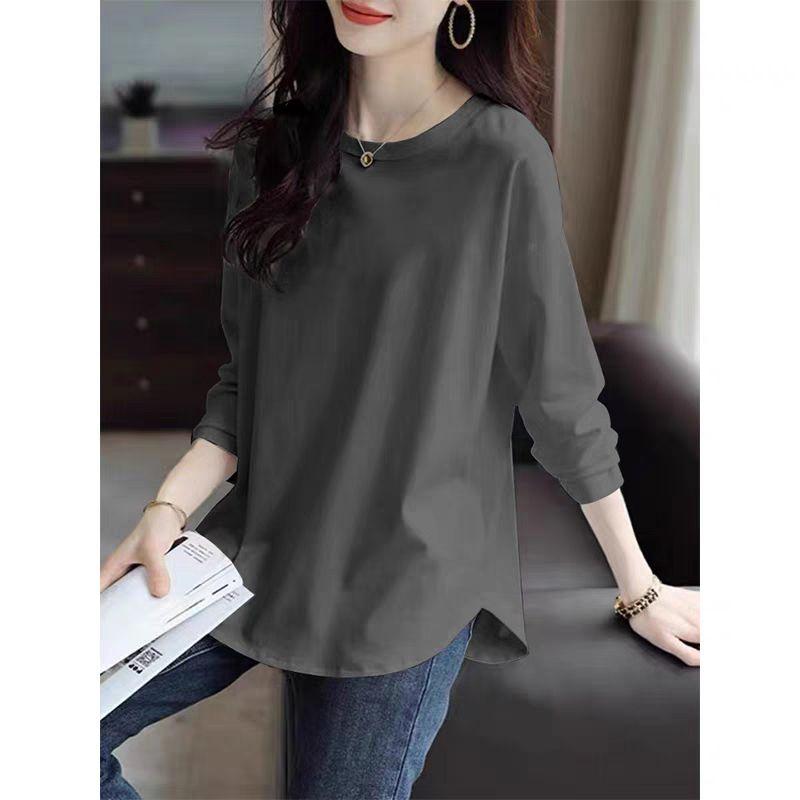 

Big Sale Leak-Picking ~ High-End Pure Cotton 100% Women s round Neck Long Sleeves 2024 Autumn New Arrival T-shirt Cover Belly Print Tops Grey [pure color]] 2XL