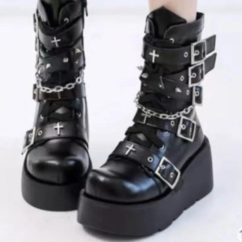 Soleist Luxury Women Shoes New Gothic Style Platform Vampire Ankle Boots Spring Wedges Comfy Motorcycle Boots for Women Brand Shoes 35 5790₽