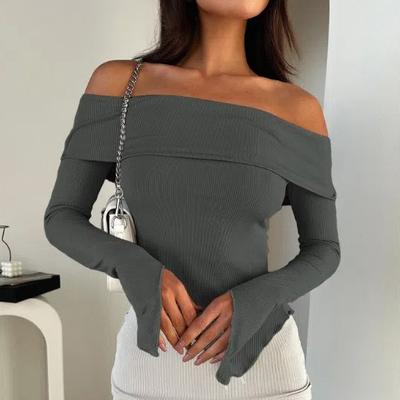 Women's Spring and Autumn Sexy Straight Neck Off-the-shoulder Long-sleeved Top, T-shirt Base Layer