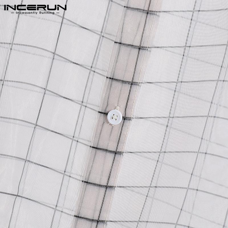 INCERUN Summer Mens See Through Baggy Short Sleeve Tops Up Plaid Shirts