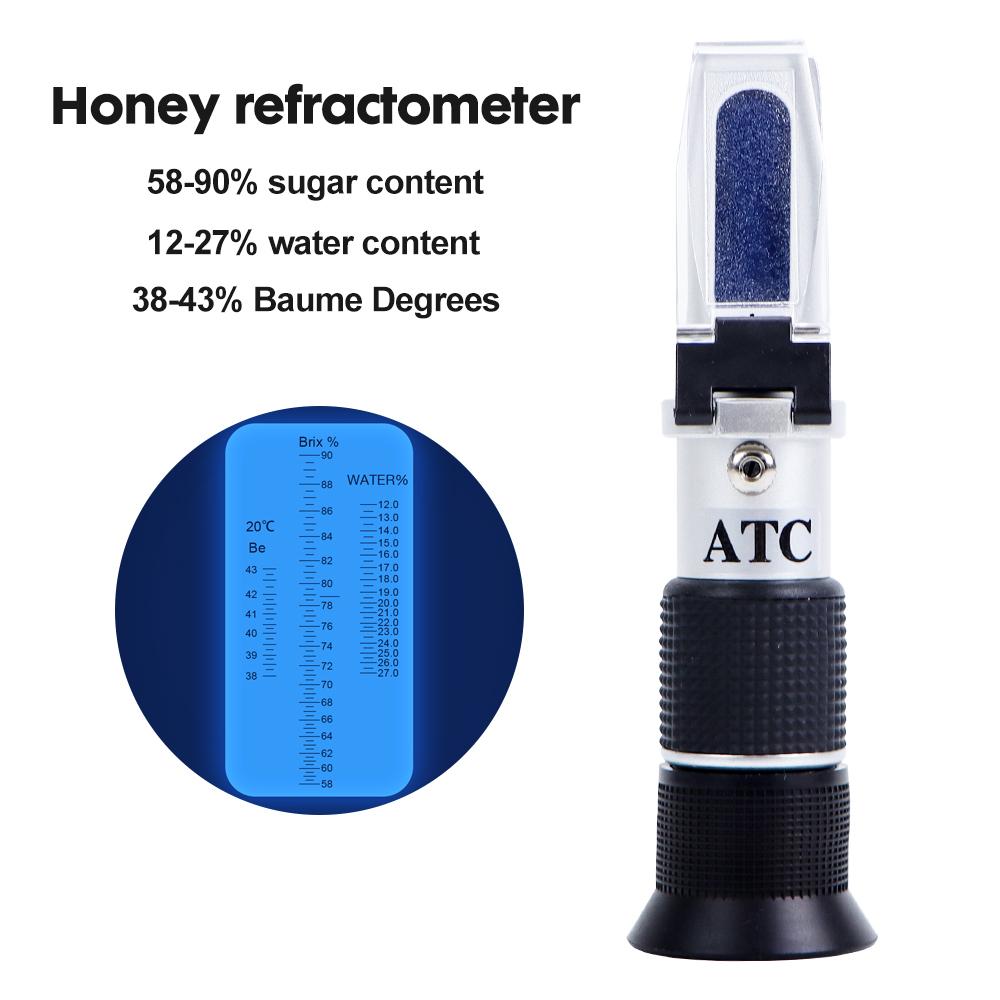 

3 in 1 Handheld Refractometer 58-90% Honey Refractometer 12-27% Water Content Detector 38-43°Baume Tester ATC Beekeeping Tester