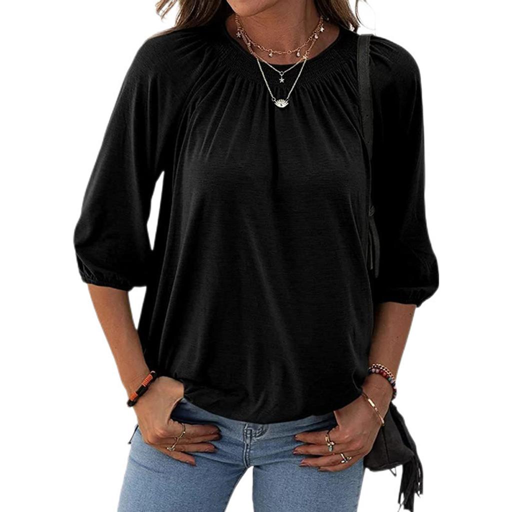 Women's Solid Color Round Neck T-Shirt Shirt Half Sleeve 3/4 Sleeve Casual Loose Pleated Basic Tops