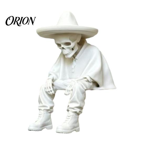 Spooky Aesthetic Office Ornaments 3D Printed Sitting Skeleton Shelf Sitter Figurine, Gothic Hat Desktop Modern Minimalist Statue Ornament, Trendy Home