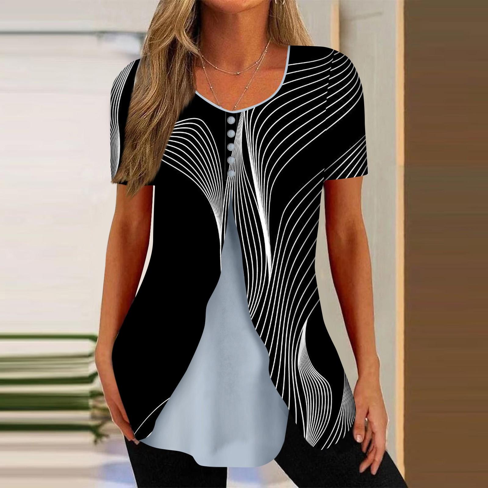 

Shirts For Women Short Sleeve Tops Dressy Summer Casual Printed V-neck Irregular Hem Blouses Tees M чёрный