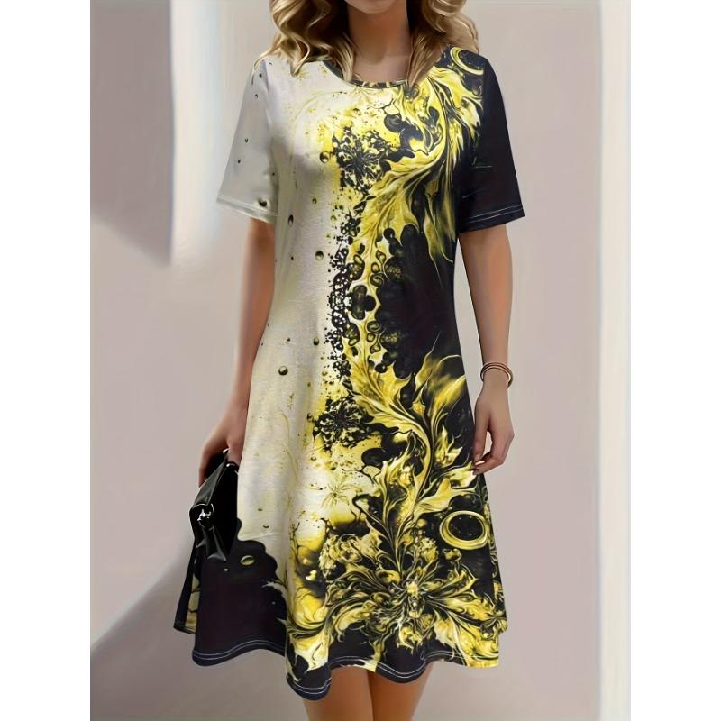 Ladies' Casual Short Sleeved Spring/summer Floral Print Round Neck Mid Length Dress, Women's Clothing