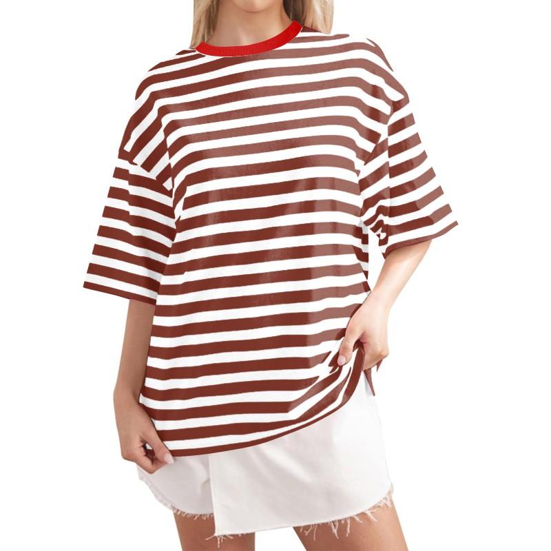 Casual Striped Round Neck Short Sleeve T-Shirt Women Men Comfortable Milk Silk Blend Loose Fit Home Wear