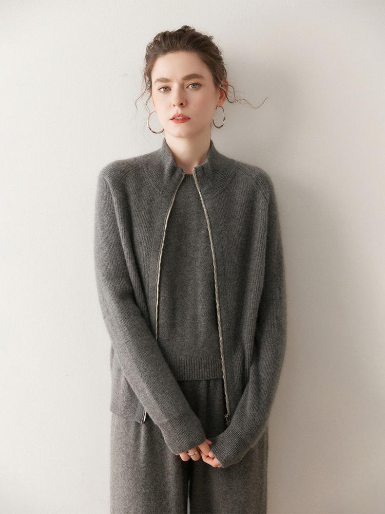 Primo Sguardo Ipnotizzante: Cardigan a maglia larga da donna con colletto alto in cashmere e doppia zip