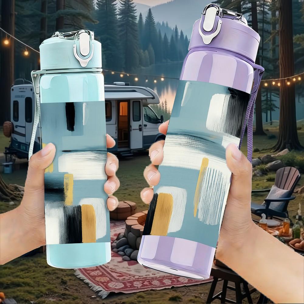 1PC Geometric Block Abstract Print 750ml Color Plastic Sports Water Bottle Leakproof Flip Straw Lid Suitable for Sports Office Home Use
