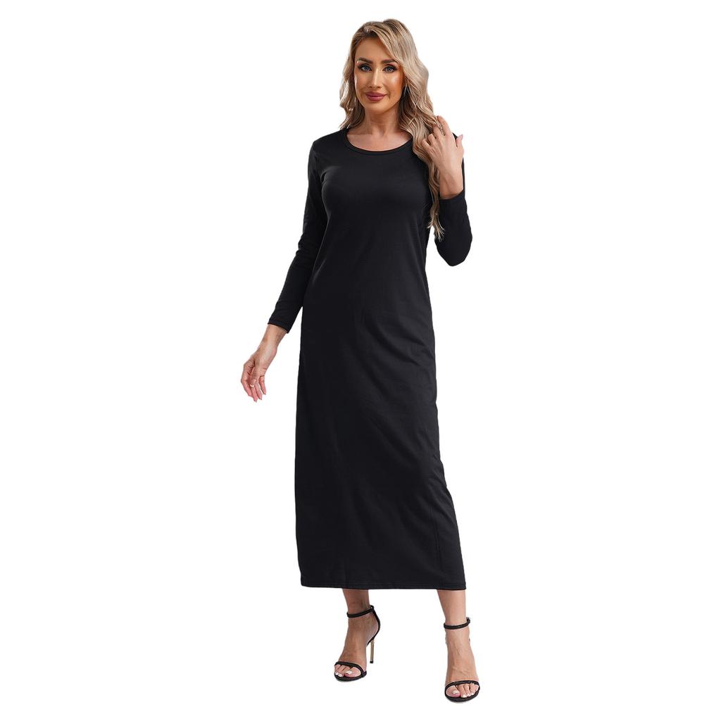 Damen Unifarbene Islamische Arabische Kleider Rundhalsausschnitt Langarm Muslimische Gebets-Langgewänder Locker Basic-Kleid für Freizeitkleidung