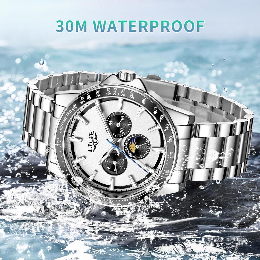 LIGE Unique Dial Quartz Man Watch Stainless Steel Business Luxury Clocks 24-Hour Moon Phase Waterproof Date Week Watches