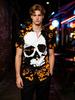 [Printed Design - Not Texture] Men'S Black And Orange Skull Graffiti Short Sleeve Shirt, Summer Western Style Lapel Casual Shirt, Trendy Cardigan Top,