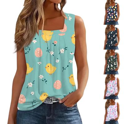 Women's Fashion Casual Pleated Square Collar Sleeveless Vest Print Summer T-shirt
