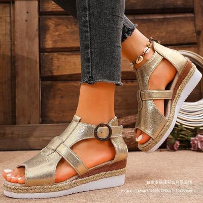 European and American Large-size Fish Mouth Wedge Sandals 2025 Summer New Fashionable Thick-soled Glossy Sandals Women's Buckle