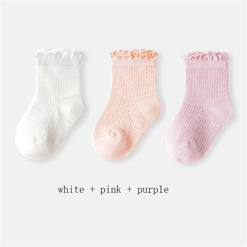 3 Pary/Partia Letnie Dziecięce Siateczkowe Cienkie Skarpetki Jednolite Miękkie Bawełniane Skarpetki Noworodkowe Księżniczka Falbanka Niemowlę Maluch Dziewczynki Śliczne Oddychające Skarpetki