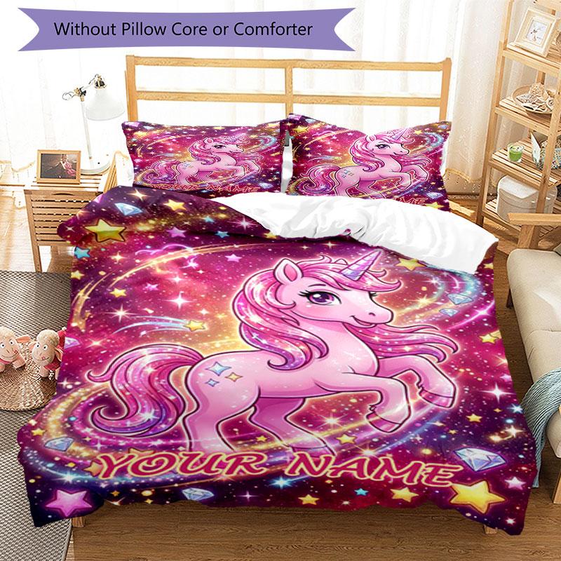 3pcs Custom Name Unicorn Dreams Space Bedding Set Printed Bedding Set Duvet Cover Closure Includes 1 Duvet Cover & 2 Pillowcases Bedroom Decor
