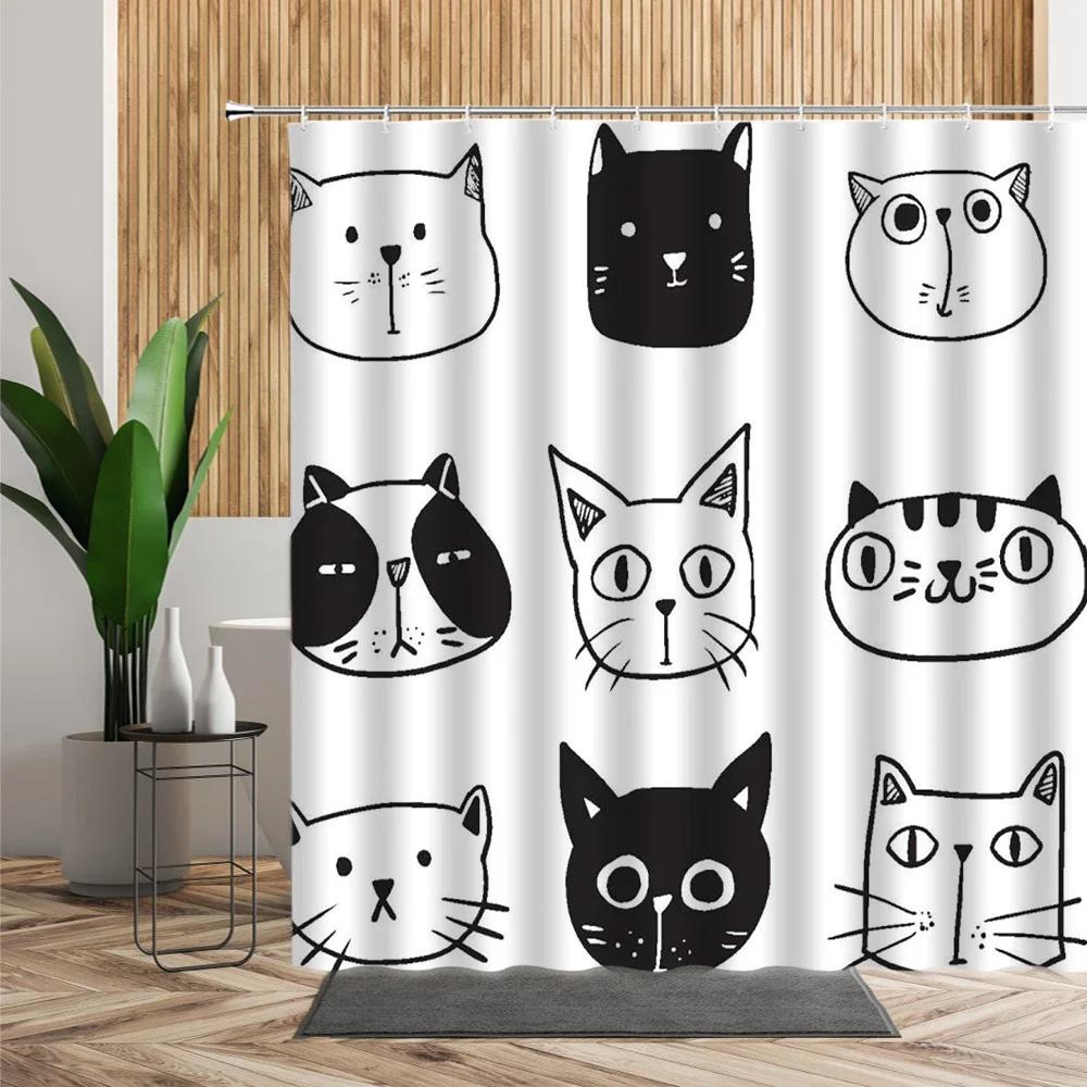 3D Cartoons Black White Cat Bathroom Waterproof Shower Curtain Simple Footprint Bathroom Curtains Set Bathtub Screen With Hooks