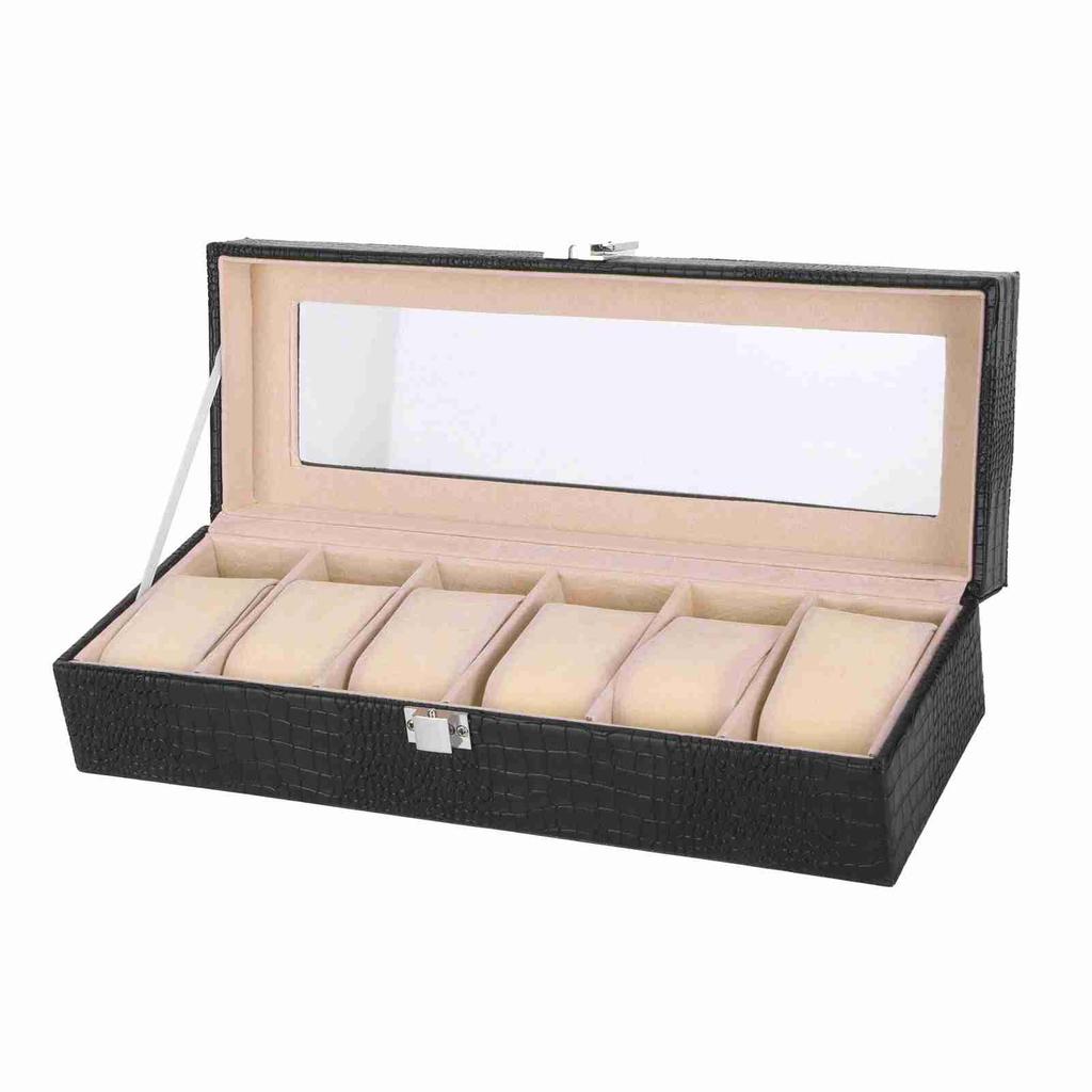 6-Slot Watch Box PU Leather Rectangular Wristwatch Display Case Organizer Gift Black