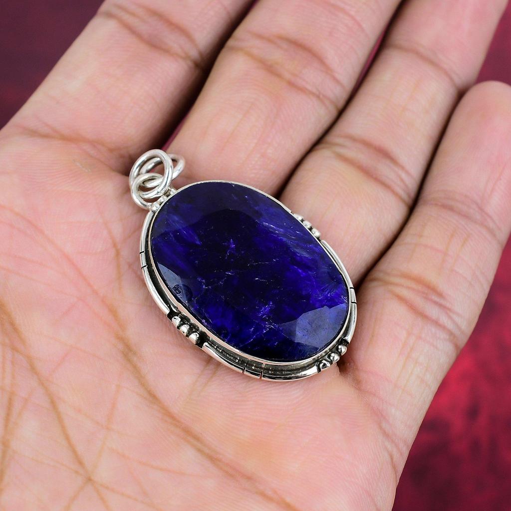 Blue Sapphire Pendant, Handmade Gemstone Pendant, 925 Solid Sterling Silver Pendant Antique Jewelry, For Engagement Gift