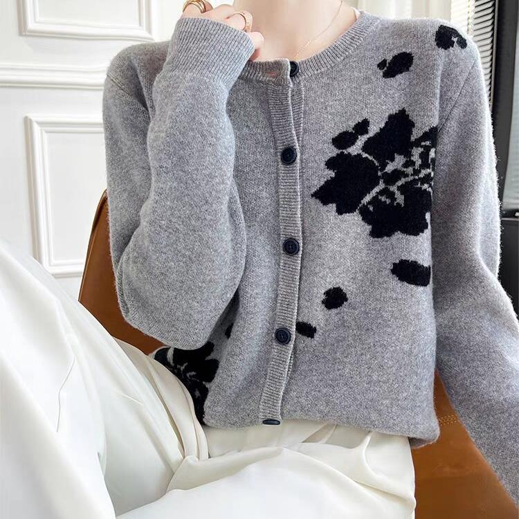 

Новый кардиган для женщин с круглым вырезом, цветной жаккардовый вязаный свитер со свободной шерстяной курткой 2XL