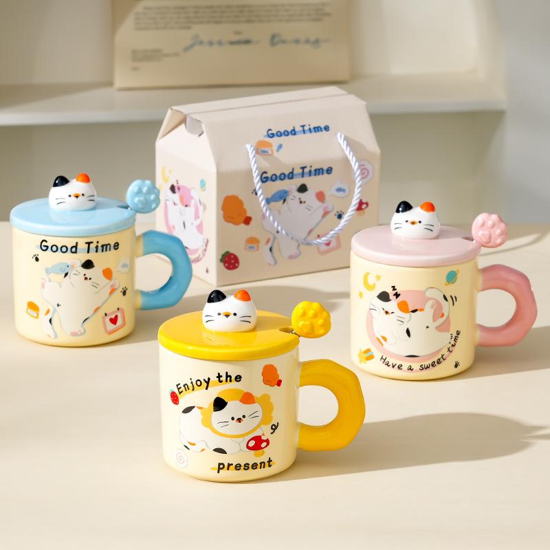 Cream cute kitten ceramic cup creative gift box ceramic mug drinking cup practical gift set