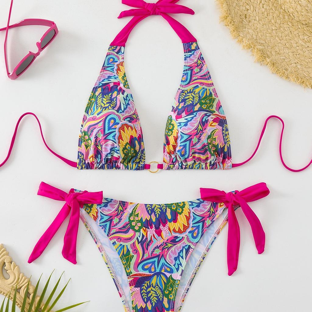 1011 new European and American printed sexy bikini sexy lace-up halter women's swimsuit