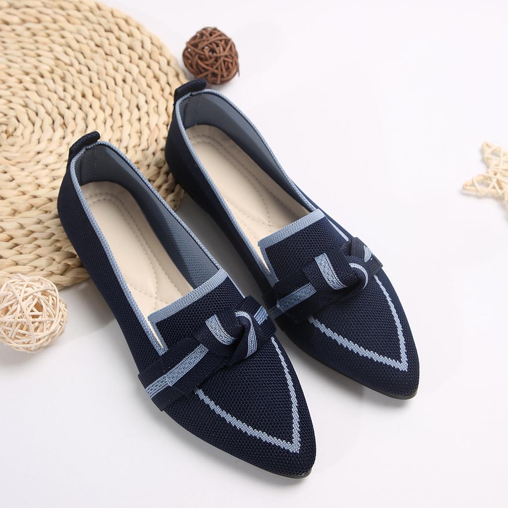 New Women's Knitted Slip On Flats Breathable Comfortable Solid Color Walking Shoes Casual Pointed Toe Walking Sneakers