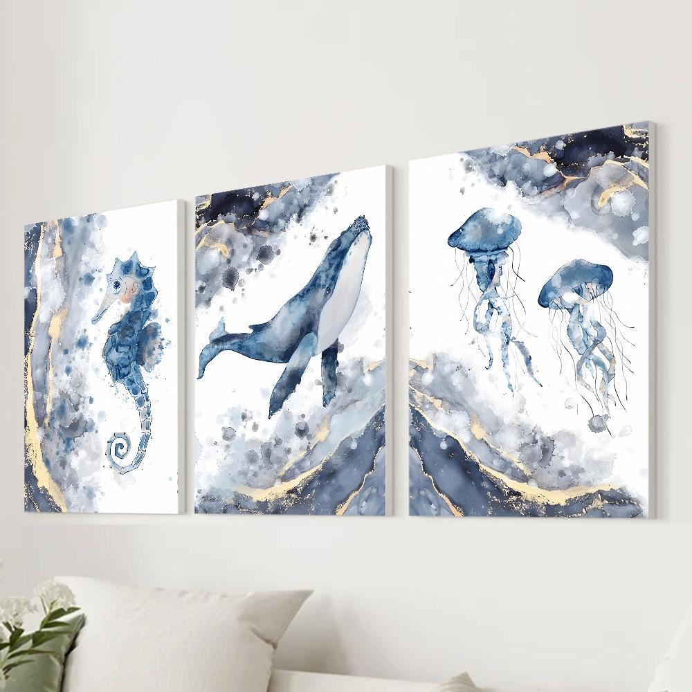 Set da 3 pezzi Balena Pesce Oceano Pittura a Olio su Tela con Cornice in Legno Disegno Decorazione Murale Decorazioni per Casa Stanza