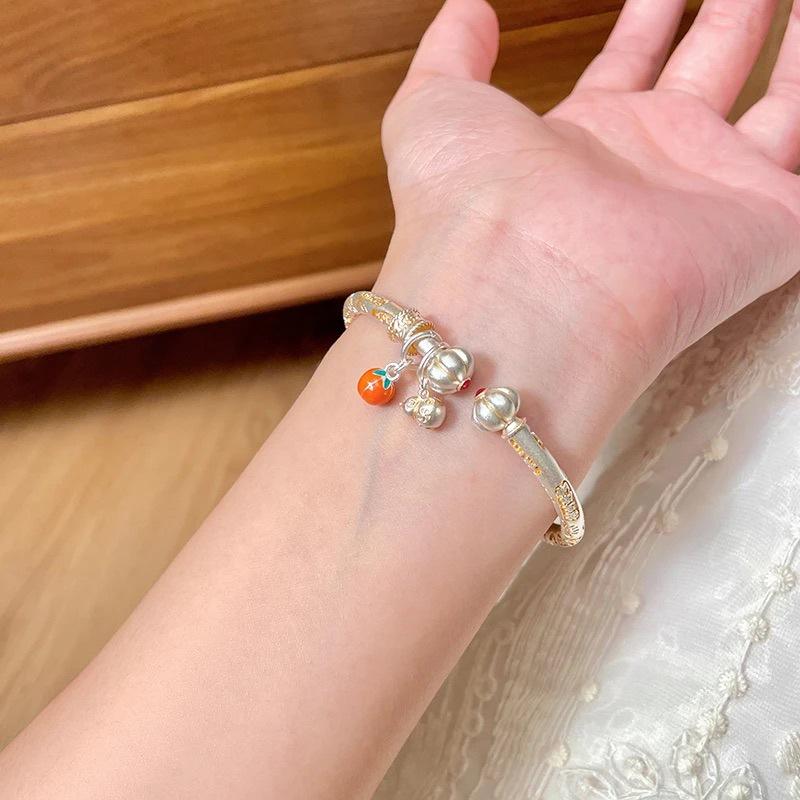White Copper Bracelet with Double Persimmons and Pumpkin Motifs, Gold-painted, In a New Chinese Style, for Women, Plated with Pure Silver, an
