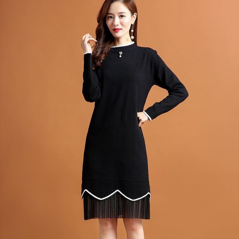 

Women s Mid-length Knitted Dress for Autumn and Winter Solid Color Loose Sweater Dress S чёрный