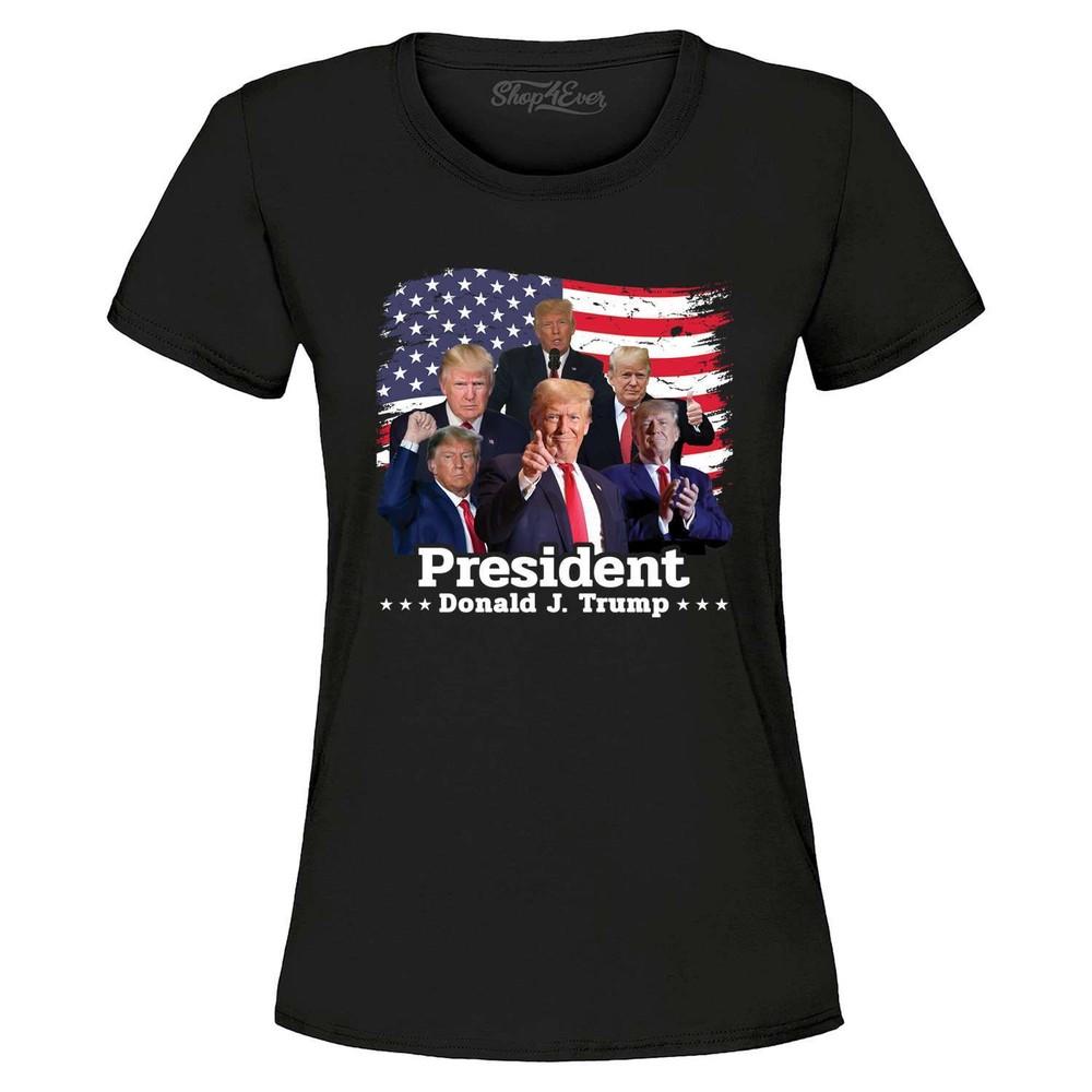 President Donald J. Trump Photo Montage Women's T-Shirt American Flag Shirt