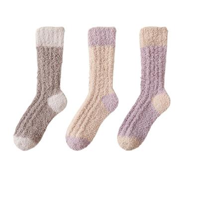 3Pairs Comfortable Thickened Coral Fleece Socks Winter Simple Floor Plush Socks Hosiery Sleeping Mid Tube Socks Women Winter
