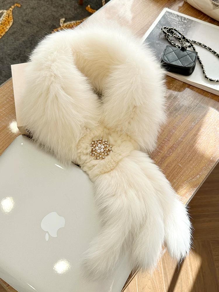 Ladies Double-Sided Fox Hair Woven Fur Scarf Rex Rabbit Hair Cuff Real Hair Tassel Scarf