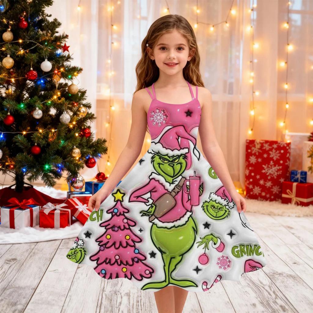 Children's Fashion Casual Christmas Print Off-Shoulder Punk Vintage Dress