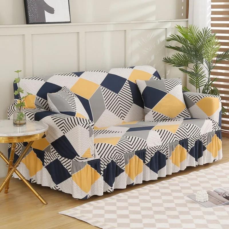 Capa de sofá elástica simples estilo saia inclusiva antiderrapante decoração de sala de estar capas de assento