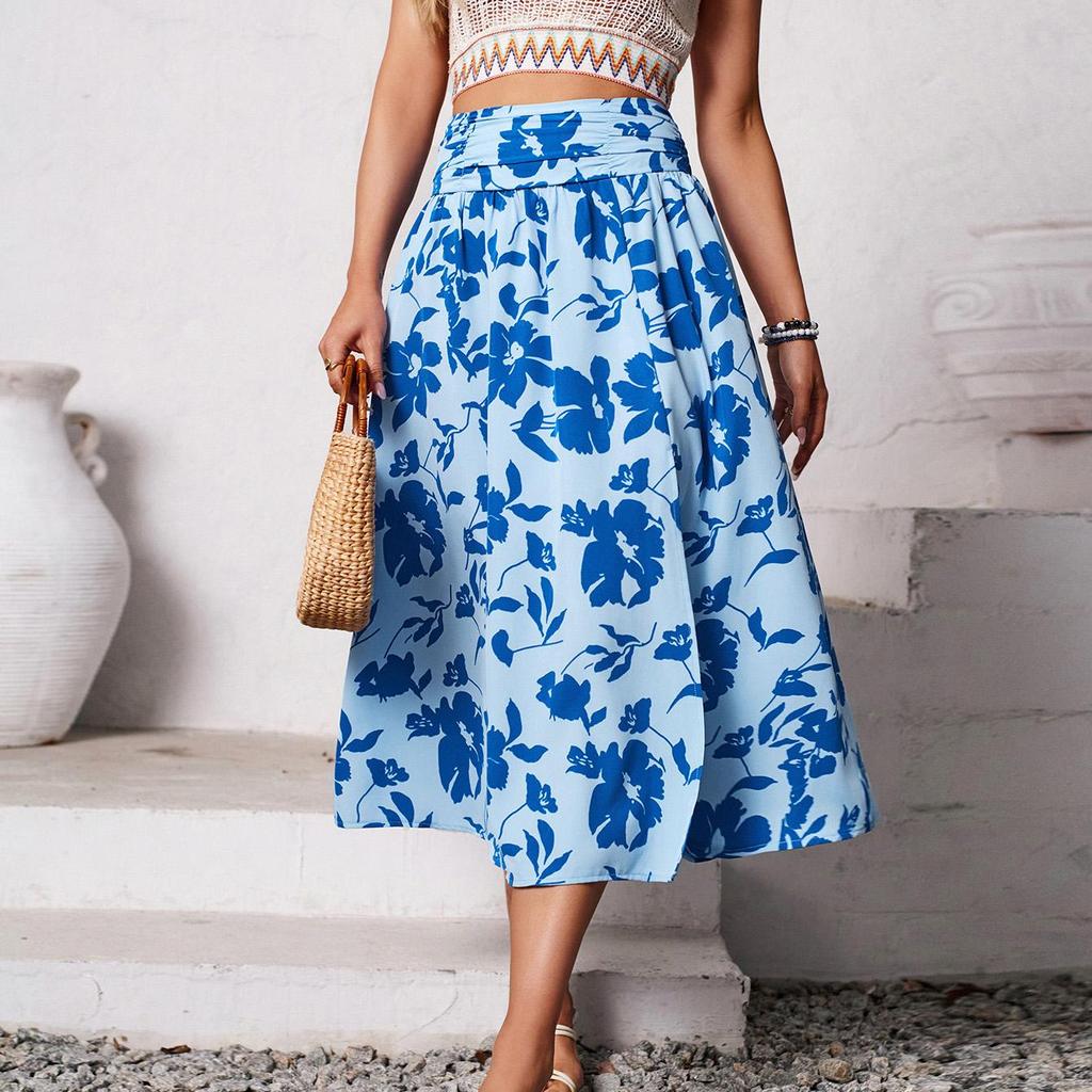 Women Spring Floral Print Skirt Summer Casual A-Line High Waist Middle Long Split Skirts S-XL