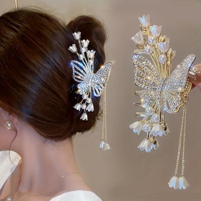 1 st Cool Blomma Fjäril Strass Konstpärla Tofs Hårnål, Sagolika Håraccessoarer, Perfekt för Gåvor