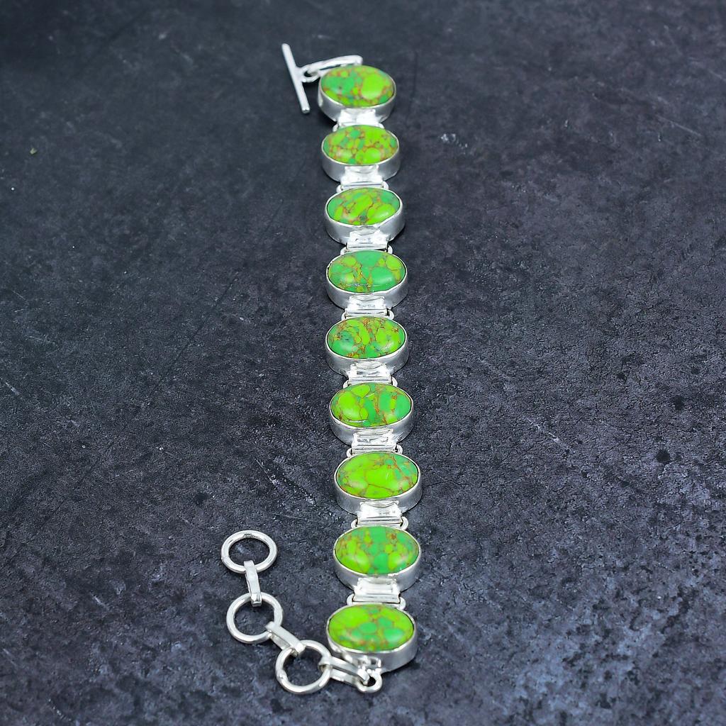 Copper Green Turquoise Handmade 925 Sterling Silver Bracelet 7-8" E9o85