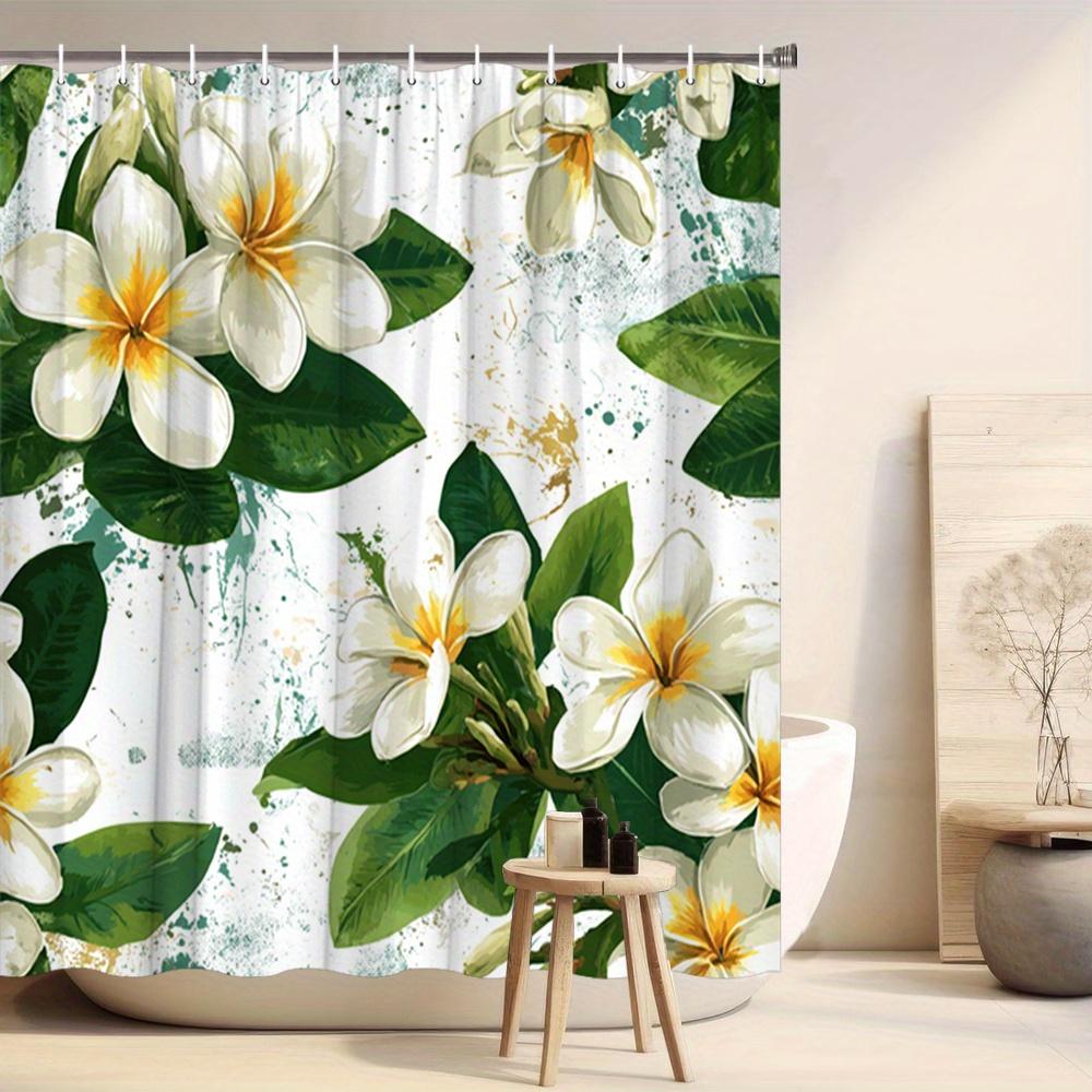 Flower Shower Curtain White Tropical Blooms With Green Leaves & Gold Splash, Hawaiian Style Bath Curtain For Vibrant Home Decor