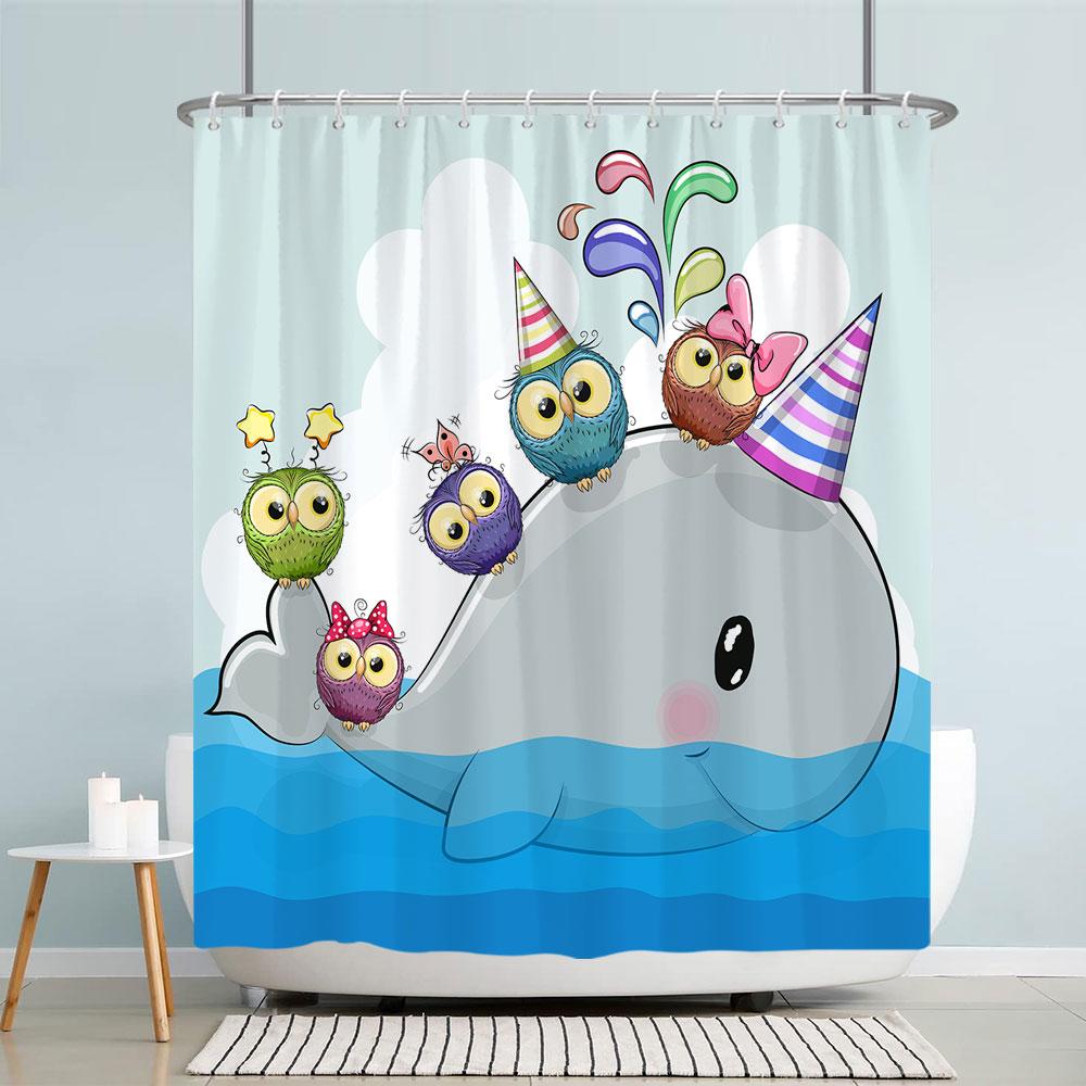 Kids Cartoon Animal Shower Curtain Funny Letters Blue Watercolour Fish Polyester Fabric Washable Shower Curtains Bathroom Decor