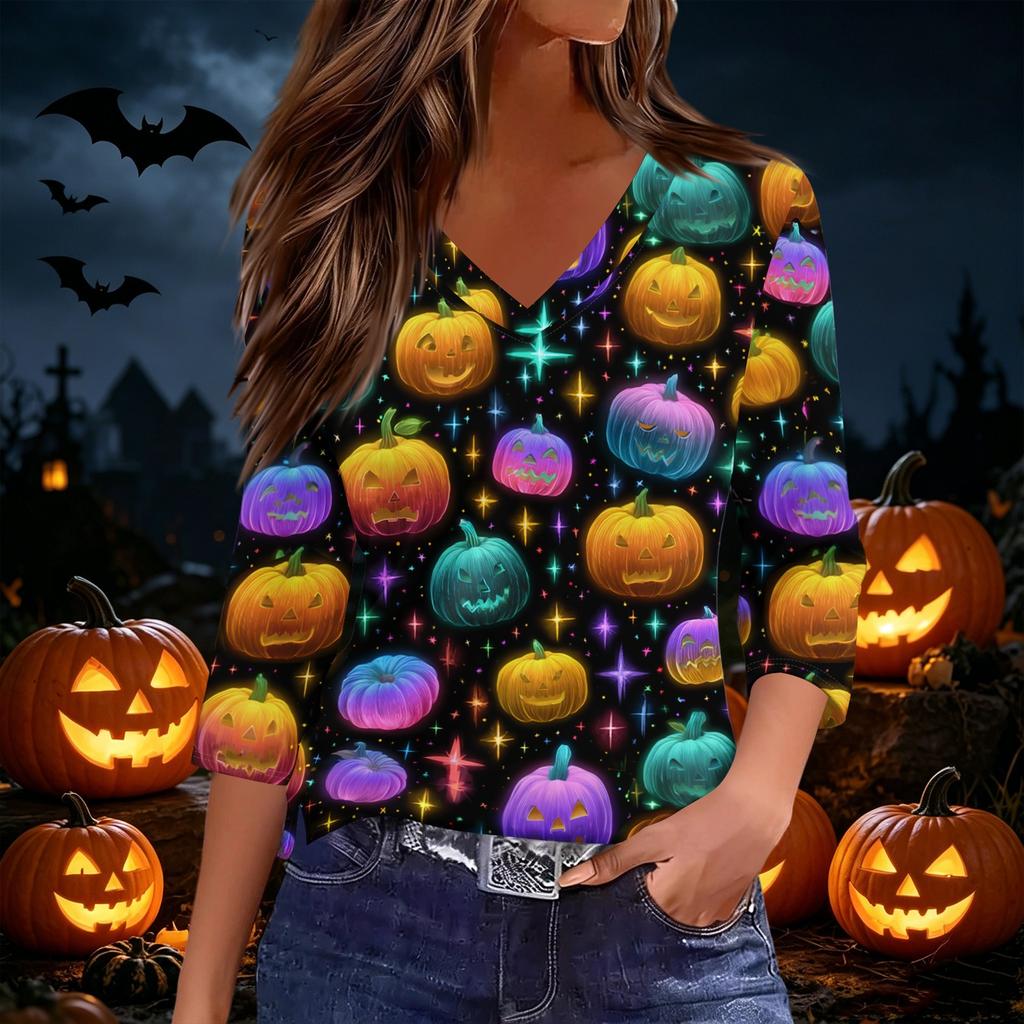 Women's Casual V-Neck 3/4 Sleeve Top with Halloween Print for Holiday Party and Daily Wear