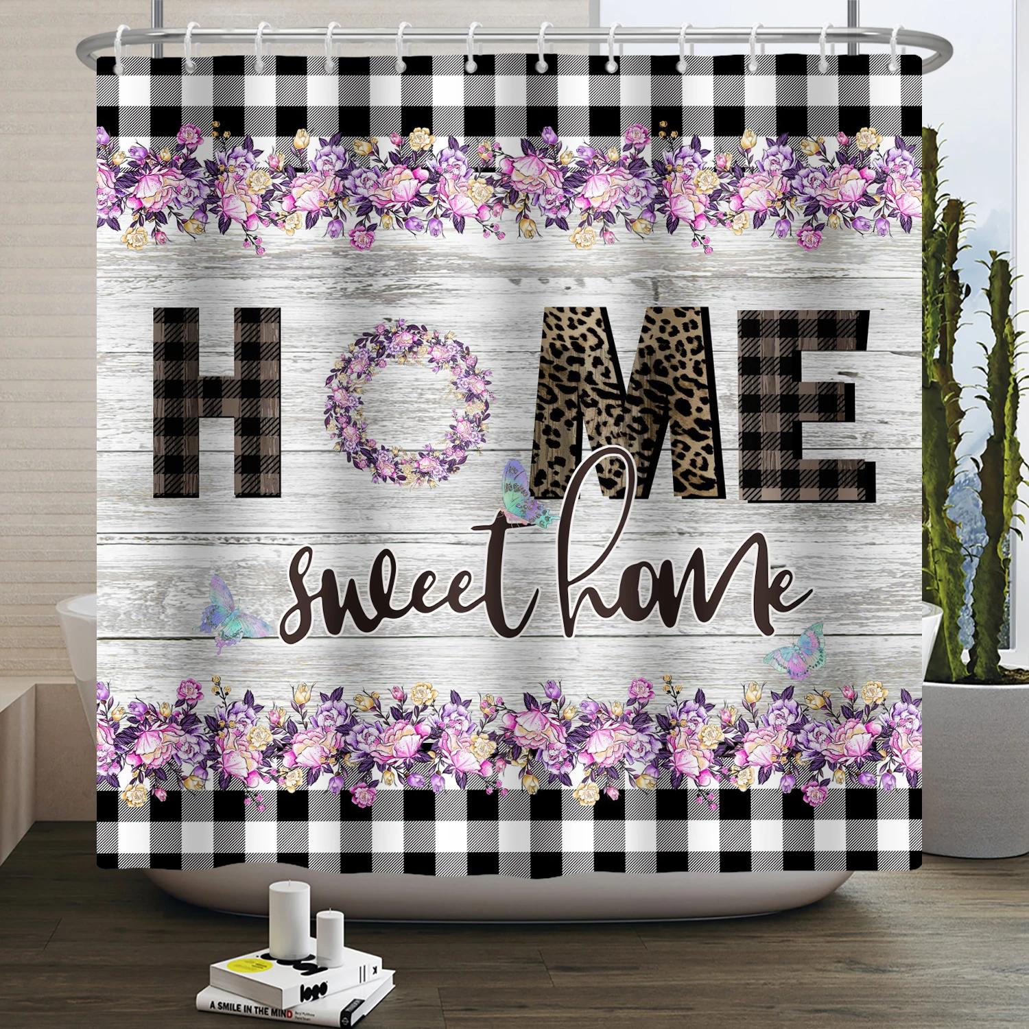 

Sweet Home Shower Curtain Autumn Flowers Black and White Buffalo Plaid Retro Country Farmhouse Modern Bathroom Curtain Decor W90xH180cm