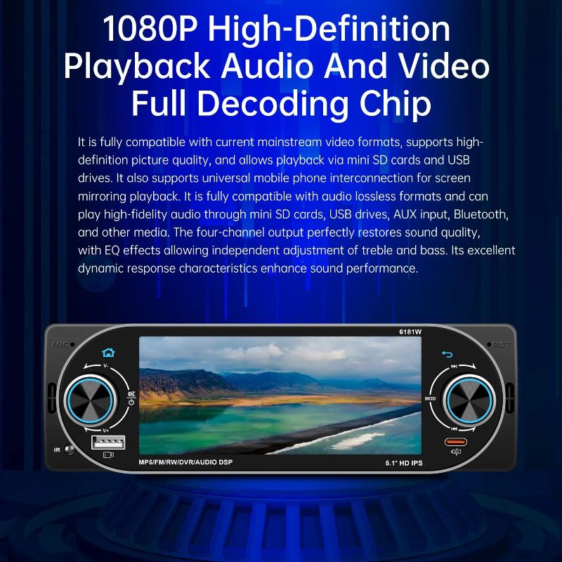General 1 Din Car Radio MP5 IPS HD Player Support Wireless Carplay Android Auto Bluetooth FM AM RDS Stereo USB WIFI Video Player 5.1In Digital Display