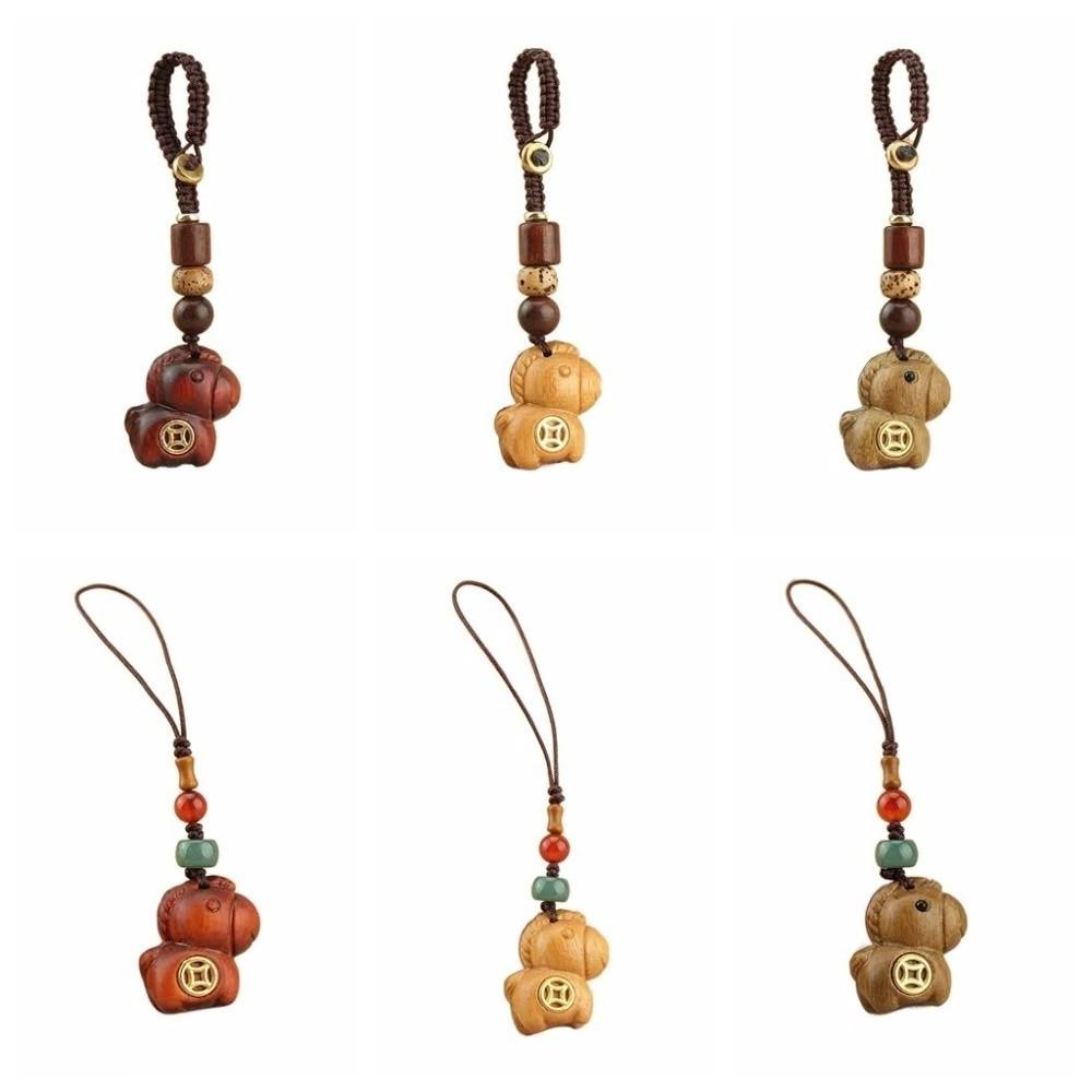 Retro Horse Mascot Keychain Cartoon Key Ring Chinese Style Wooden Horse Pendant Unisex