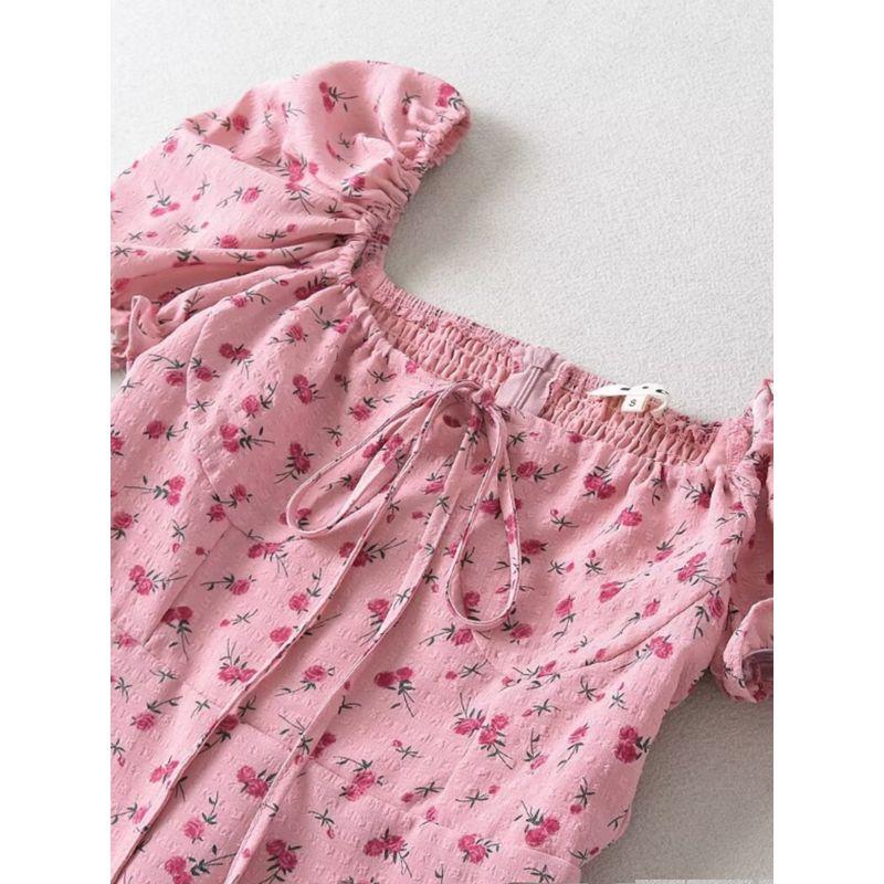 Kaslead New Arrival Women's Clothing Fashion Style Silm Pink Roses Long Short Sleeve Dress