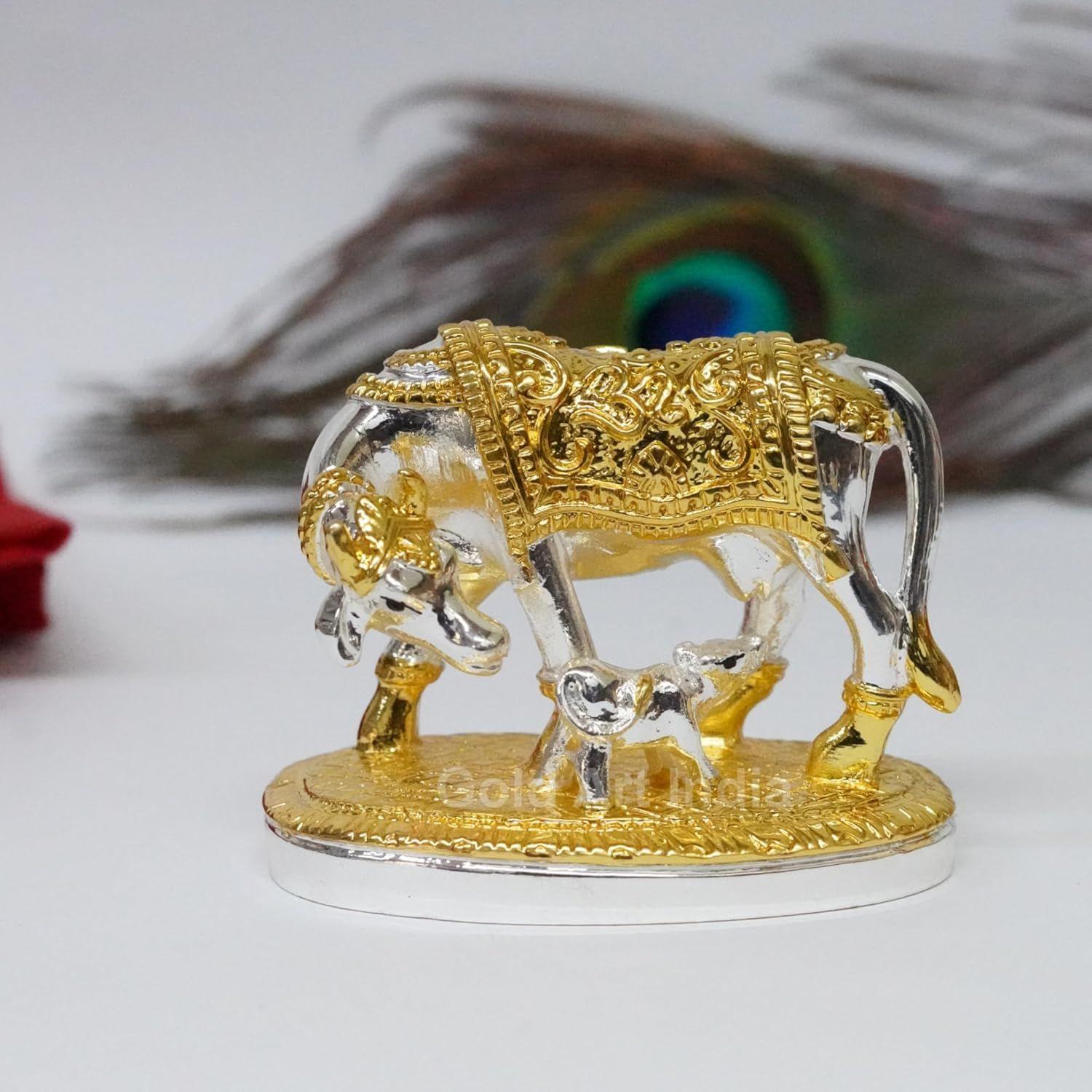 

Kamdhenu Cow with Calf Idol (Twotone) Gold Silver Plated for Home Decor | Gaay Bachda Cow and Calf for Vastu | Positive Energy