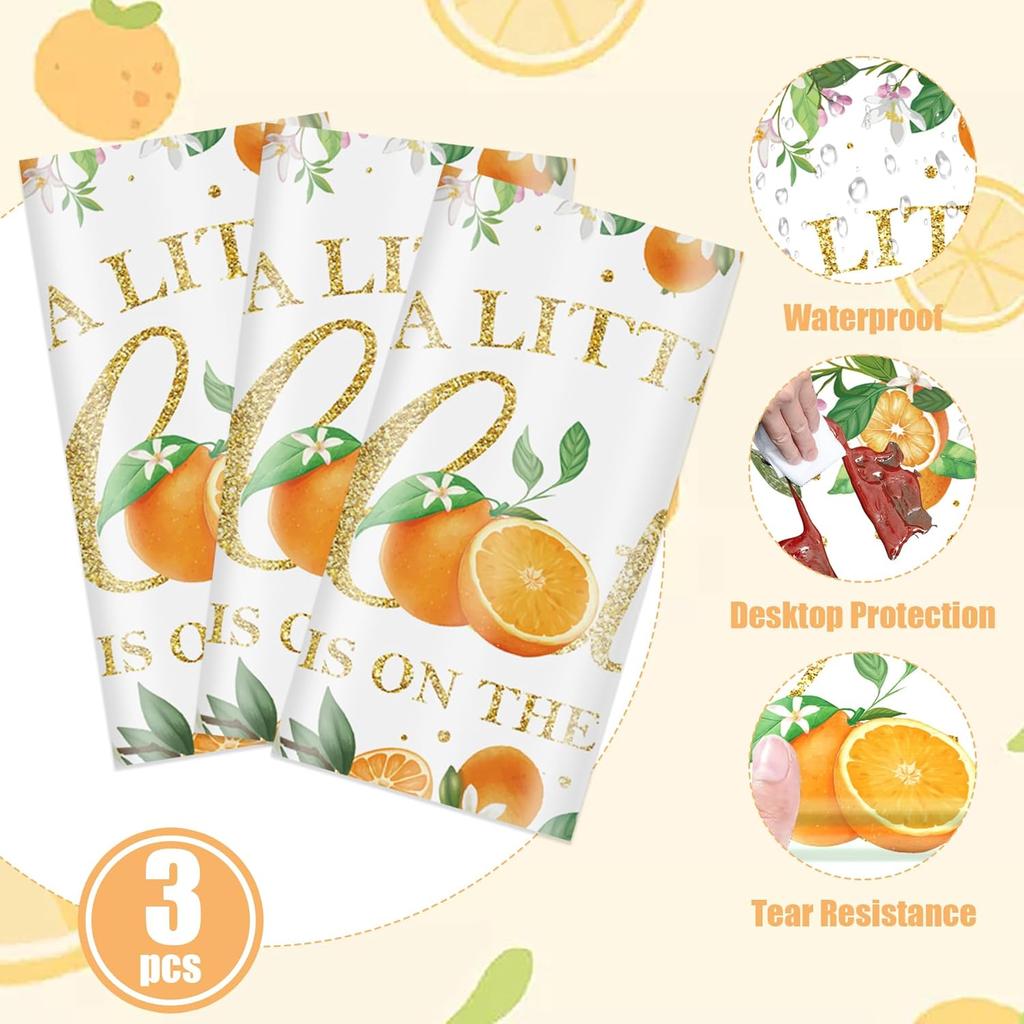 3 Pcs Little Cutie Tablecloth, 54 * 108 Inch Orange Tablecloth, Fruit Plastic Tablecover for Boys and Girls Birthday Party, A Little Cutie is on The