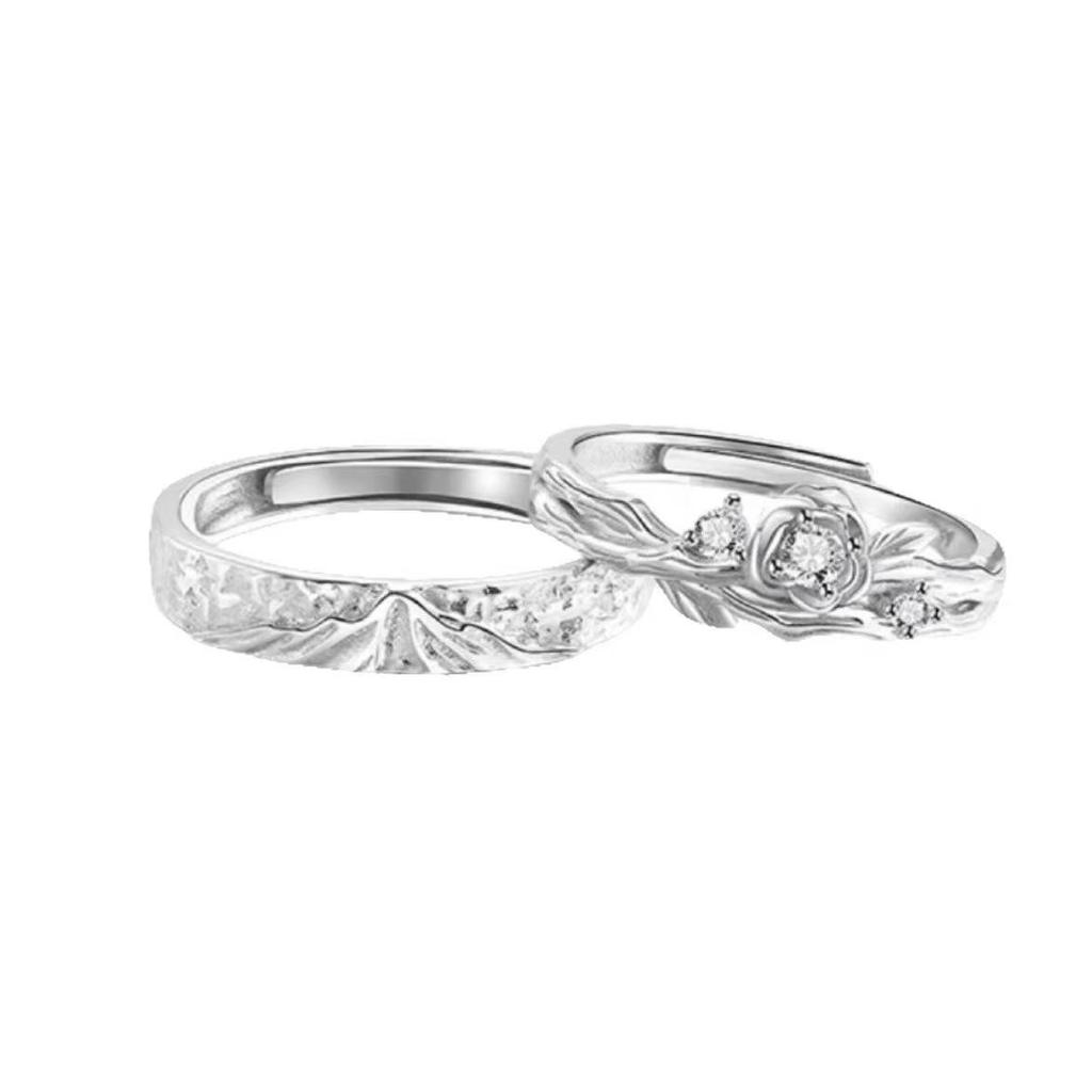 White Copper Snow Mountain Rose Couple Rings: Elegant Wedding Bands for Men and Women - Perfect for Valentine's Day or Birthday Gifts.