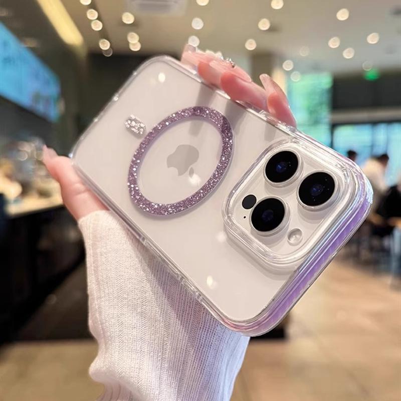 Luxusní třpytivý Magsafe bezdrátově nabíjecí kryt na telefon pro iPhone 12 13 14 15 16 Pro Max Plus Průhledný silikonový magnetický nárazník