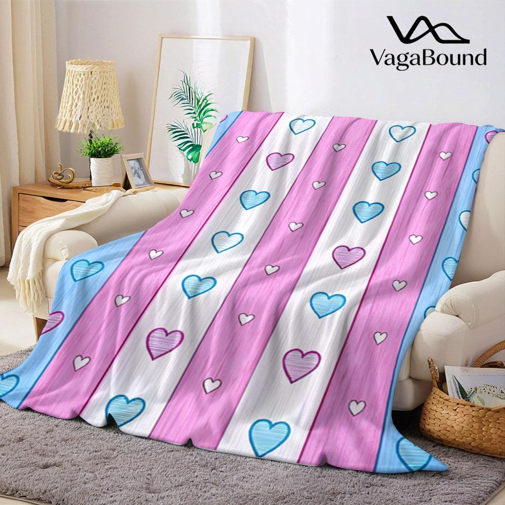 Pastel Stripe Heart Flannel Blanket Perfect for Sofa Office Bed Travel Sleep Read Relax Camping four season use
